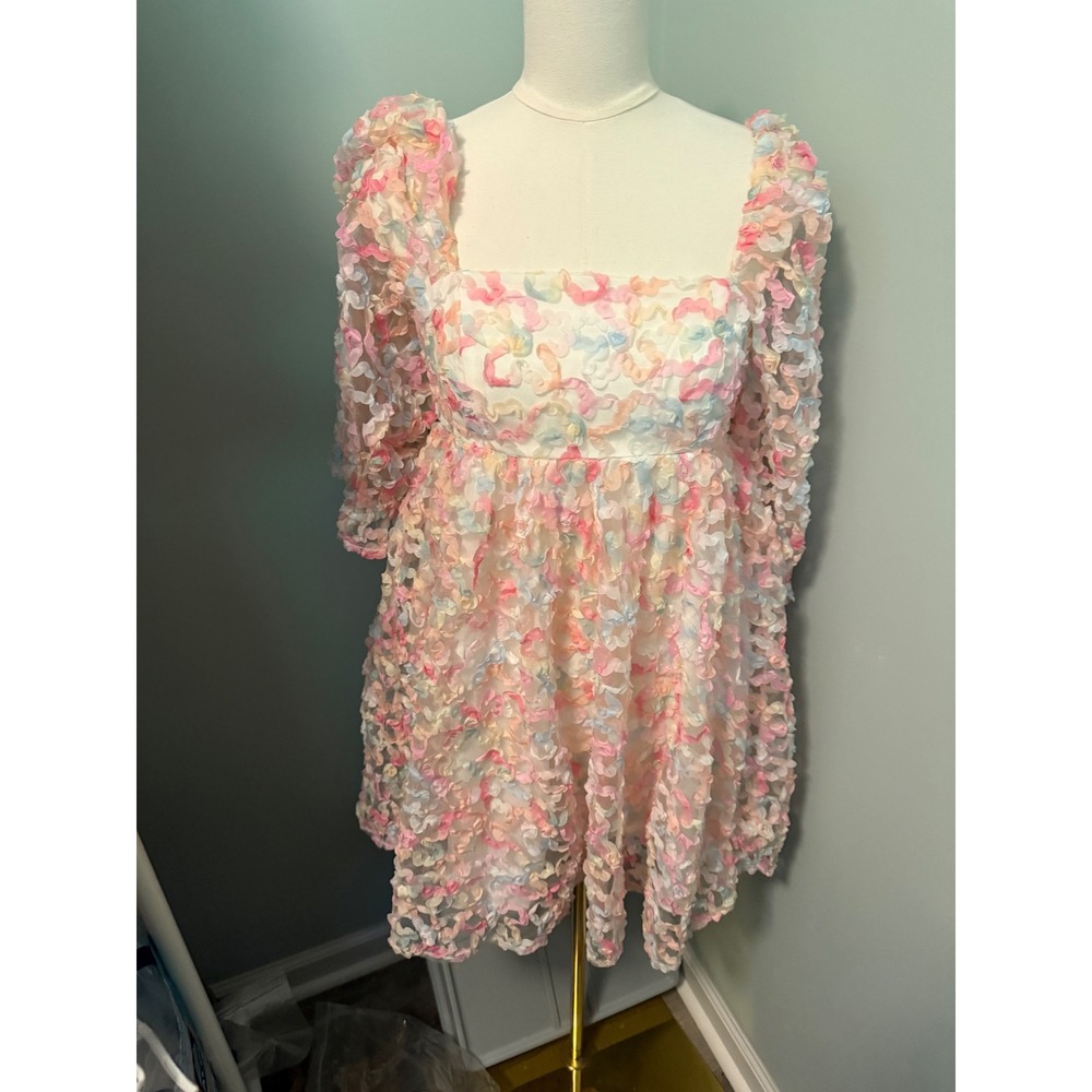 Storia Pastel 3D Floral Petal Mini Dress Square Neck Puff Sleeve XS Rainbow